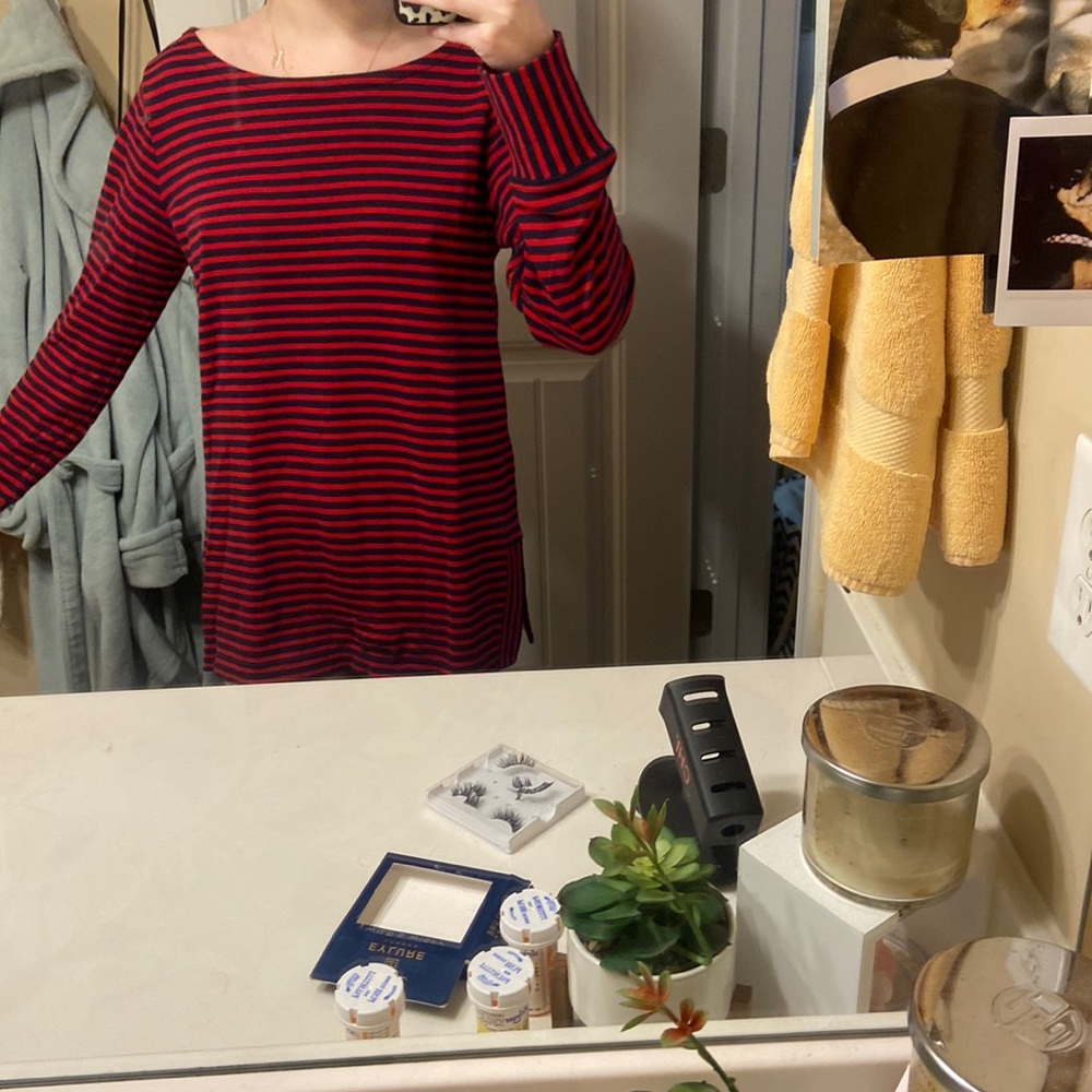 Red and navy striped wide neck long sleeve tee